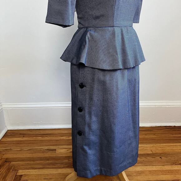 Vintage ACT 1 New York Peplum Pencil Midi Dress Puff Sleeves Collared with Tie 2 - Picture 8 of 16